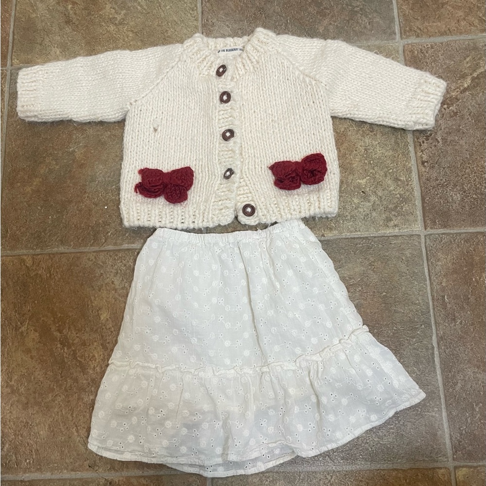 Cream Knit Baby Cardigan with Burgundy Bow Accents - Unbranded